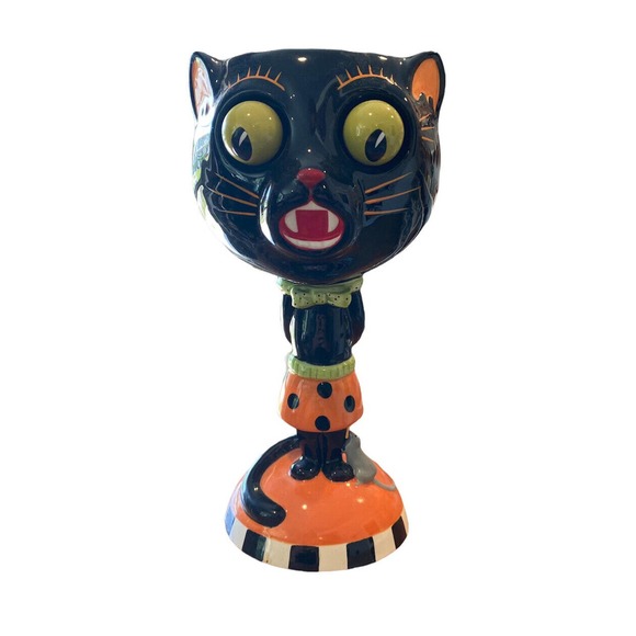 Department Dept 56 Black Cat Goblet Candy Holder Wiggly Googly Green Eyes Mice